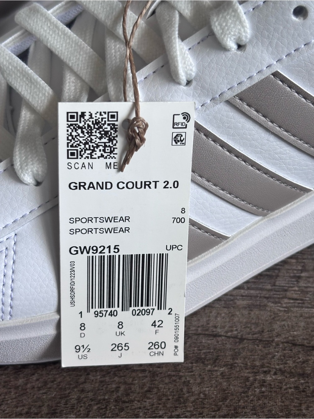 New! adidas Women's Grand Court 2.0 White Sneakers with Metallic Beige 9.5 - Picture 6 of 10